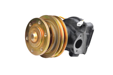 car pump with a V-belt pulley, detail of the car cooling system, selective focus