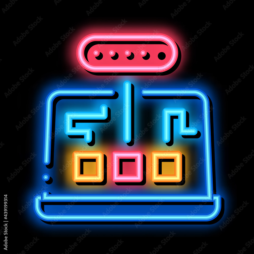 Poster computer program mistake research neon light sign vector. glowing bright icon computer program mista