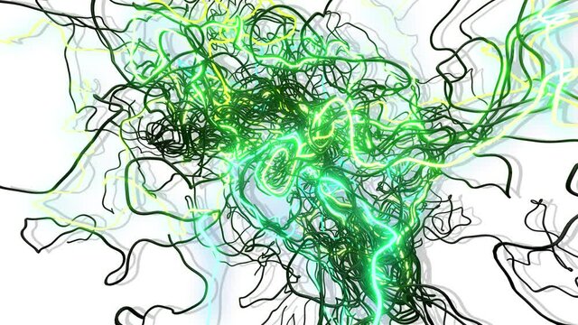 Multicolor curl noise flash. AI signals. Concept of neural network, artificial intelligence. 4k abstract looped bg with curved glow lines, running neon lights like garland or lightnings.