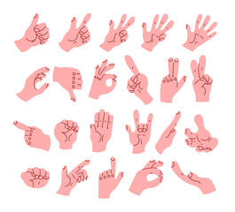 Cartoon hand arm with differnet gestures and fingers position. Gesture palm pointing hand communication language conept. Vector flat graphic design illustration
