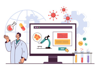 Scientists doctors characters making medicines medical laboratory research. Epidemic new medication vaccine concept. Vector flat graphic design illustration