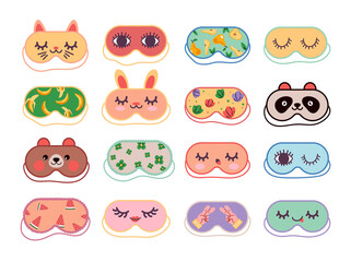 Masks for dreaming sleeping relaxing with cute fruits flowers pattern and animal faces. Night mask for pajama print concept. Vector flat graphic design illustration