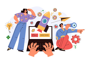 Business people man woman characters development and start new project. Future strategy perspective concept. Vector flat graphic design illustration