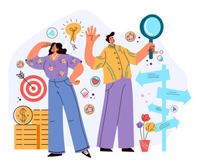 Business people man woman characters looking future. Opportunity vision chances target achievement. Motivational inspiration concept. Vector flat graphic design illustration