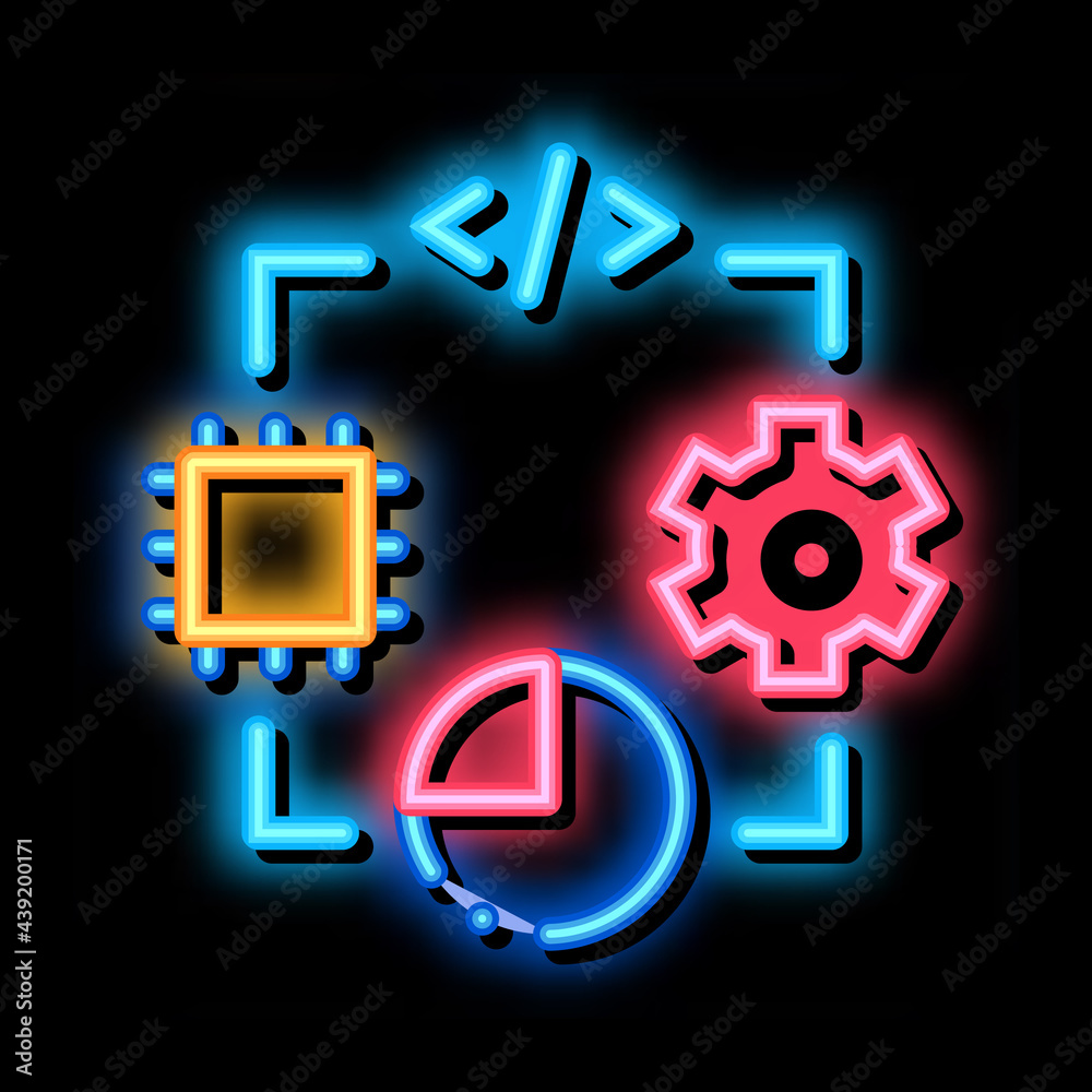 Poster microchip programming code mechanical gear and infographic neon light sign vector. glowing bright ic