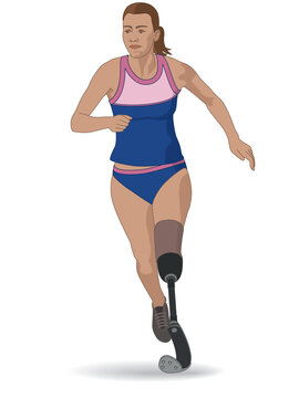 para sports paralympic track running, physical disabled female athlete on prosthetic leg, track and field, isolated on a white background