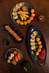 Big Sushi, Sashimi, Rolls Set on Table. Asian Cuisine. Healthy Food.