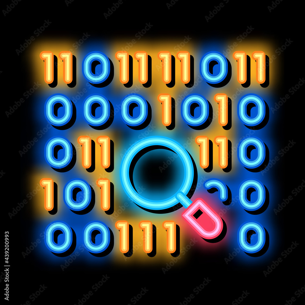 Poster research binary code neon light sign vector. glowing bright icon research binary code sign. transpar