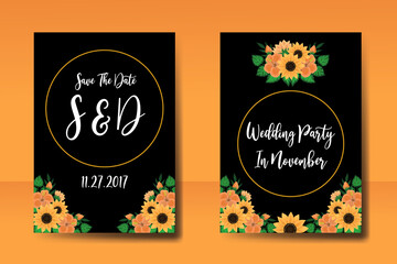 Wedding invitation frame set, floral watercolor Digital hand drawn Sunflower design Invitation Card Template
