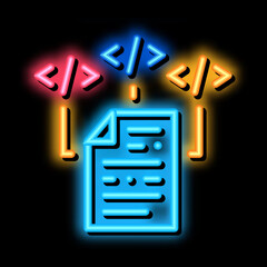 programming code file neon light sign vector. Glowing bright icon programming code file sign. transparent symbol illustration