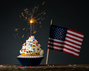 Cupcake and American Flag. 4th of July, Independence, Memorial or Presidents Day. Tasty cupcakes...