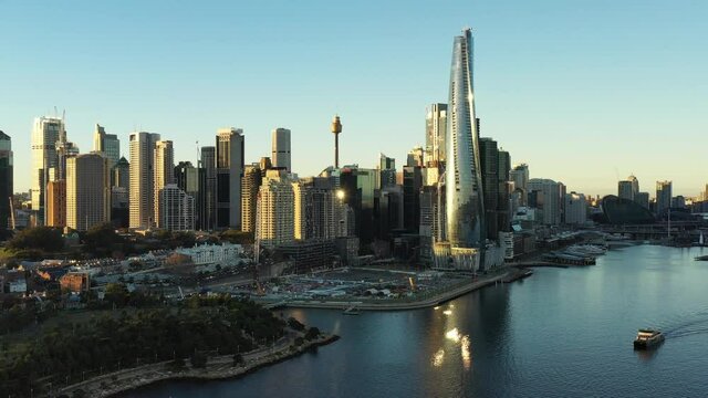 Panorama of Barangaroo City of Sydney harbour waterfront &ndash; aerial 4k.
