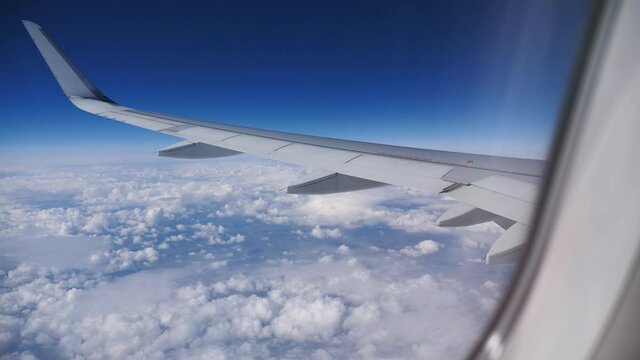 View from passenger window of wing of airplane flying in sky on sunny day. Concept of successful travel 