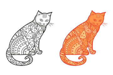 Cat on white. Hand drawn abstract animal on isolated background. Abstract ornate character. Different color options