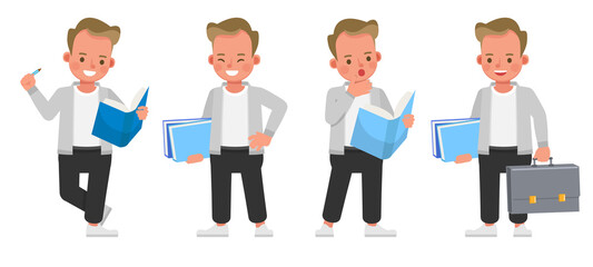 Set of children character vector design. Boy wear grey shirt. Presentation in various action with emotions.