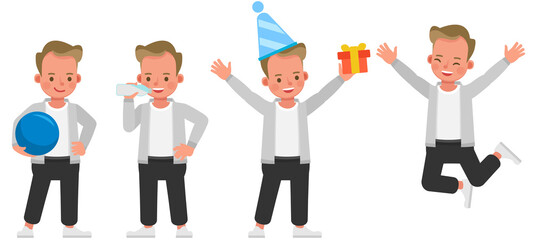 Set of children character vector design. Boy wear grey shirt. Presentation in various action with emotions.