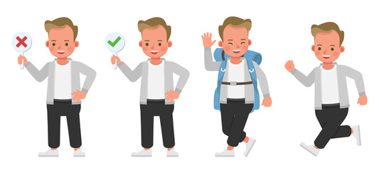 Set of children character vector design. Boy wear grey shirt. Presentation in various action with emotions.