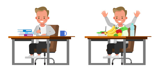 Set of children character vector design. Boy wear grey shirt. Presentation in various action with emotions.