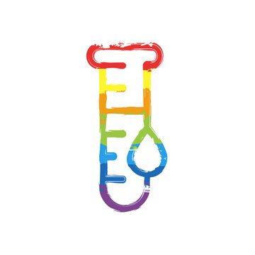 Test tube with blood, medical logo, simple icon. Drawing sign with LGBT style, seven colors of rainbow (red, orange, yellow, green, blue, indigo, violet