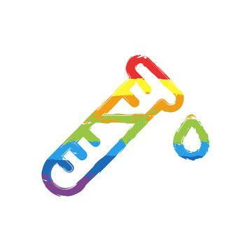 Test tube with blood, medical logo, simple icon. Drawing sign with LGBT style, seven colors of rainbow (red, orange, yellow, green, blue, indigo, violet
