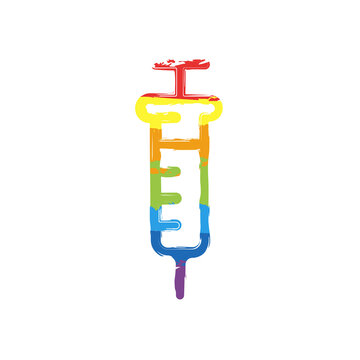 Injection with syringe, simple medical icon. Drawing sign with LGBT style, seven colors of rainbow (red, orange, yellow, green, blue, indigo, violet