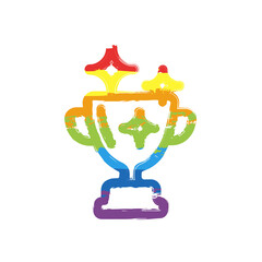 Trophy cup of winner, champion prize. Drawing sign with LGBT style, seven colors of rainbow (red, orange, yellow, green, blue, indigo, violet