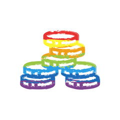 Stack of money coins, dollar or euro, business icon. Drawing sign with LGBT style, seven colors of rainbow (red, orange, yellow, green, blue, indigo, violet