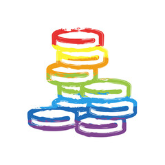 Stack of money coins, dollar or euro, business icon. Drawing sign with LGBT style, seven colors of rainbow (red, orange, yellow, green, blue, indigo, violet