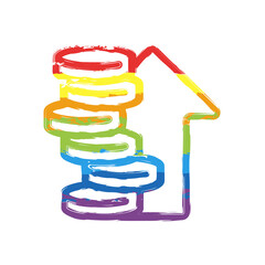 Stack of money coins, dollar or euro, business icon. Drawing sign with LGBT style, seven colors of rainbow (red, orange, yellow, green, blue, indigo, violet