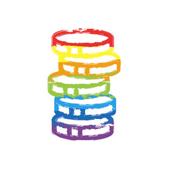 Stack of money coins, dollar or euro, business icon. Drawing sign with LGBT style, seven colors of rainbow (red, orange, yellow, green, blue, indigo, violet