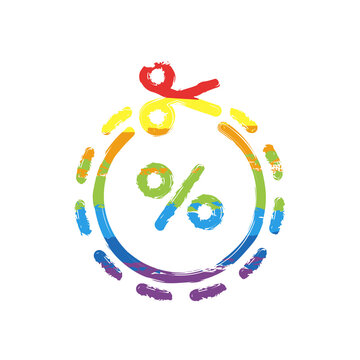 Discount coupon, simple ticket icon. Drawing sign with LGBT style, seven colors of rainbow (red, orange, yellow, green, blue, indigo, violet