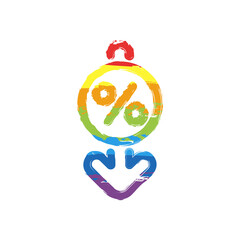 Percent down, low price, reduce cost, business icon. Drawing sign with LGBT style, seven colors of rainbow (red, orange, yellow, green, blue, indigo, violet