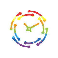 Timer in circle, simple clock or watch, time icon. Drawing sign with LGBT style, seven colors of rainbow (red, orange, yellow, green, blue, indigo, violet