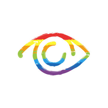 Eye, clear vision, simple icon. Drawing sign with LGBT style, seven colors of rainbow (red, orange, yellow, green, blue, indigo, violet