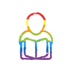 Person with book, read magazine, simple icon. Drawing sign with LGBT style, seven colors of rainbow (red, orange, yellow, green, blue, indigo, violet