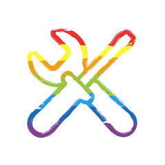 Service tools, wrench and screwdriver, repair instruments, simple icon. Drawing sign with LGBT style, seven colors of rainbow (red, orange, yellow, green, blue, indigo, violet