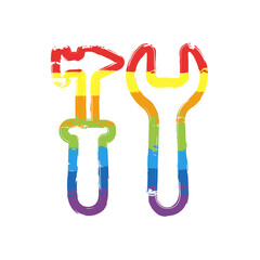 Service tools, wrench and screwdriver, repair instruments, simple icon. Drawing sign with LGBT style, seven colors of rainbow (red, orange, yellow, green, blue, indigo, violet
