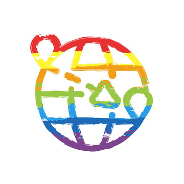 Globe and plane, air travel, around the world, simple business icon. Drawing sign with LGBT style, seven colors of rainbow (red, orange, yellow, green, blue, indigo, violet
