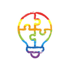 Puzzle lightbulb, team idea, simple icon. Drawing sign with LGBT style, seven colors of rainbow (red, orange, yellow, green, blue, indigo, violet