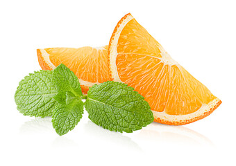 two orange slices and mint leaves on white isolated background