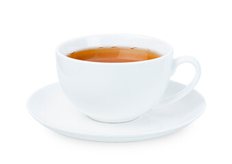 white mug with tea on a white isolated background. front view