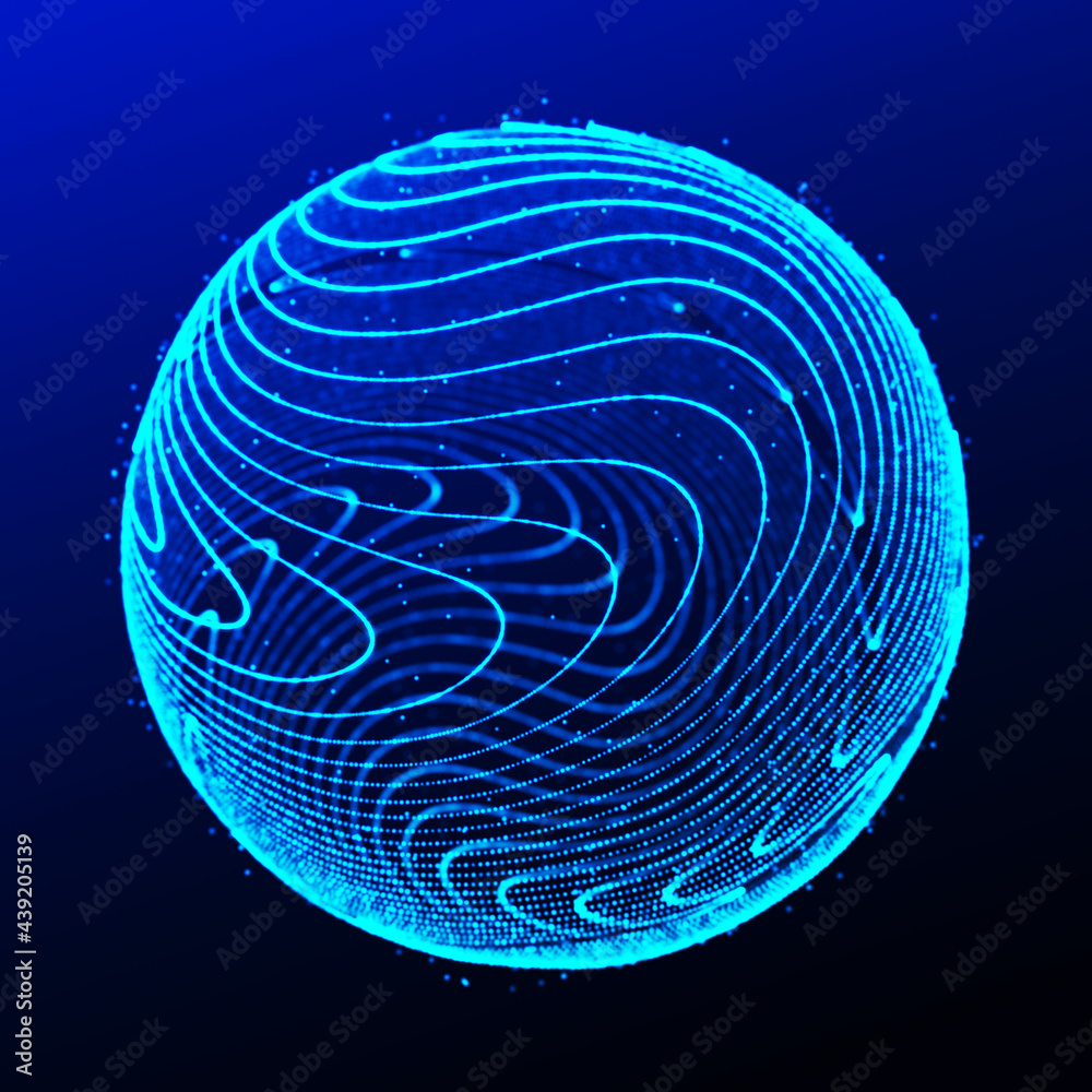 Poster Abstract 3d sphere. Sphere with twist lines. Glowing lines twisting Logo design. Outer space object. Futuristic technology style. Sphere particles. 3d rendering.