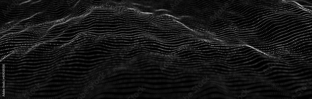 Poster wave of particles. dynamic wave on black background. big data visualization. data technology abstrac