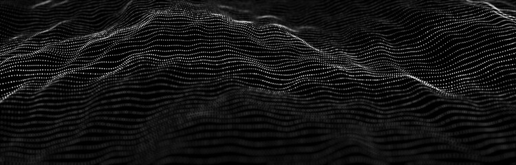 Wave of particles. Dynamic wave on black background. Big data visualization. Data technology abstract futuristic illustration. 3d rendering.