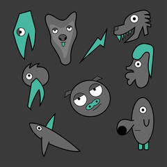 colección de personajes abstractos en tonos gris y un llamativo color turquesa