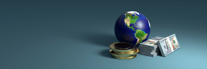 Planeta tierra dolares y monedas  © Forhanx