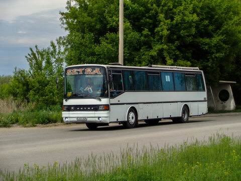 Kazakhstan, Ust-Kamenogorsk, may 22, 2021: Setra S215. Old bus on one of the city streets. Public transport. Setra buses