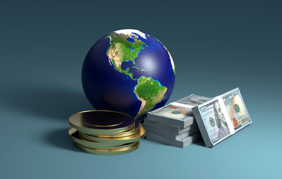 Planeta tierra dolares y monedas 