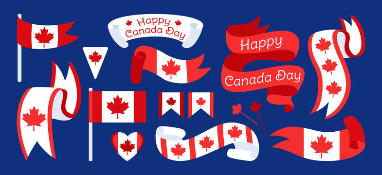 Ribbon and flag Happy Canada Day flat set. Strip tape with maple leaf, patriotism heart, label, pennant garland. Canadian patriot red white design celebration kit. National vector illustration