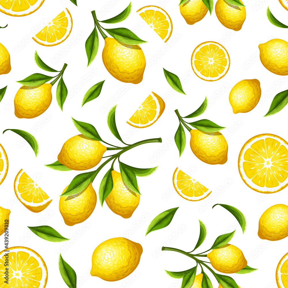 Wall mural vector seamless pattern with yellow lemon fruit and lemon branches on a white background.
